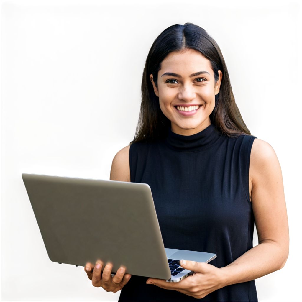 A smiling woman in a black sleeveless top holding an open laptop against a white background.