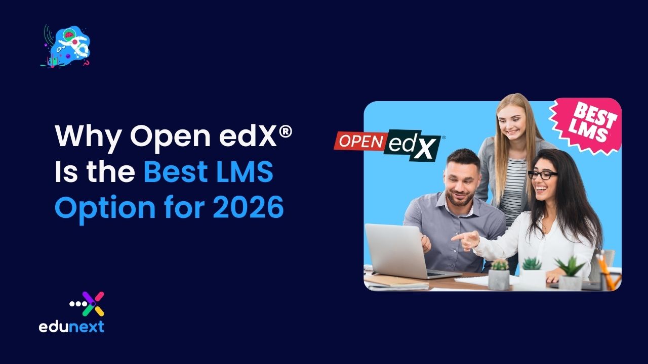Cover image illustrating why Open edX is the best LMS option for 2026, featuring professionals collaborating around a laptop.