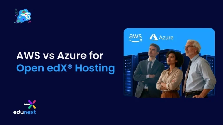 Three business professionals standing in front of a digital illustration of server racks and AWS and Azure logos.