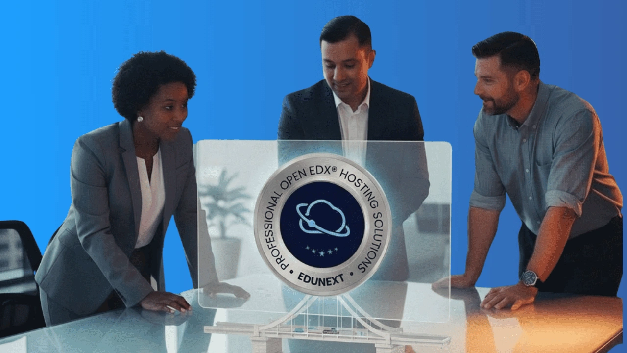 Three professionals reviewing an Edunext Open edX hosting solution projected on a transparent holographic display.