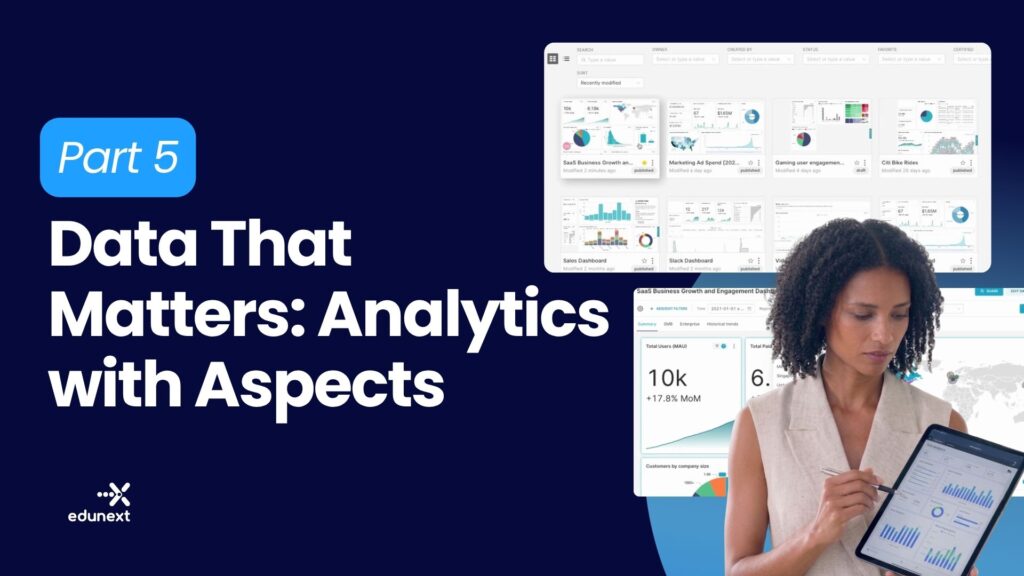 A woman holding a tablet with data charts, with overlay text for an Open edX analytics upgrade video series.