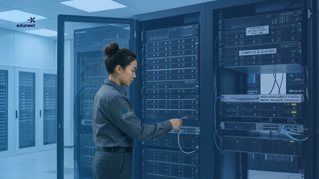 An IT professional standing in a data center managing a server rack labeled for compute, scaling, and high-availability.