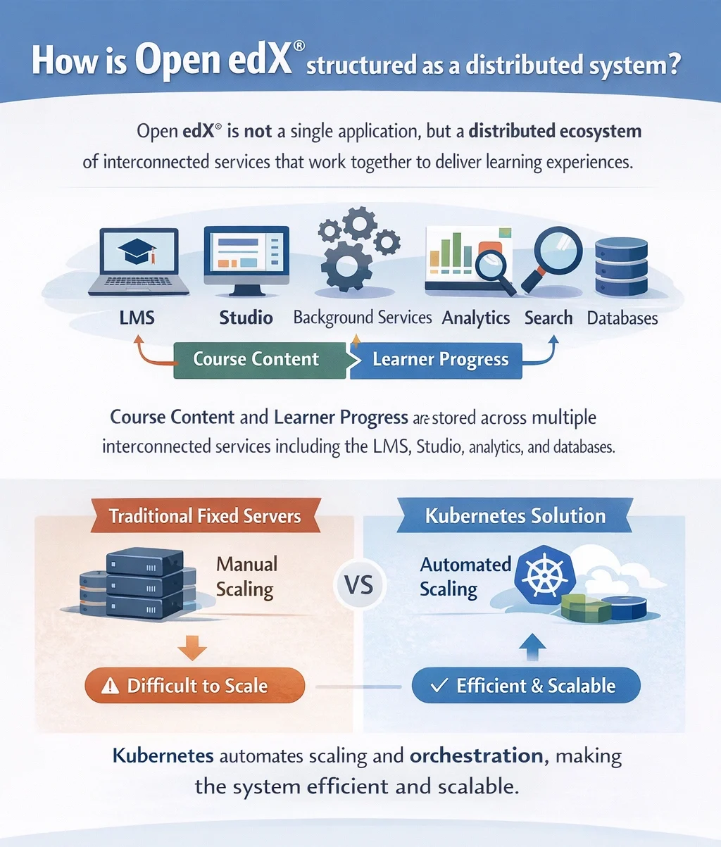 Infographic showing Open edX as a distributed system comparing traditional server manual scaling with Kubernetes automation.