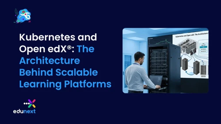 A systems administrator working at a server rack next to an architectural diagram of Open edX and Kubernetes integration.