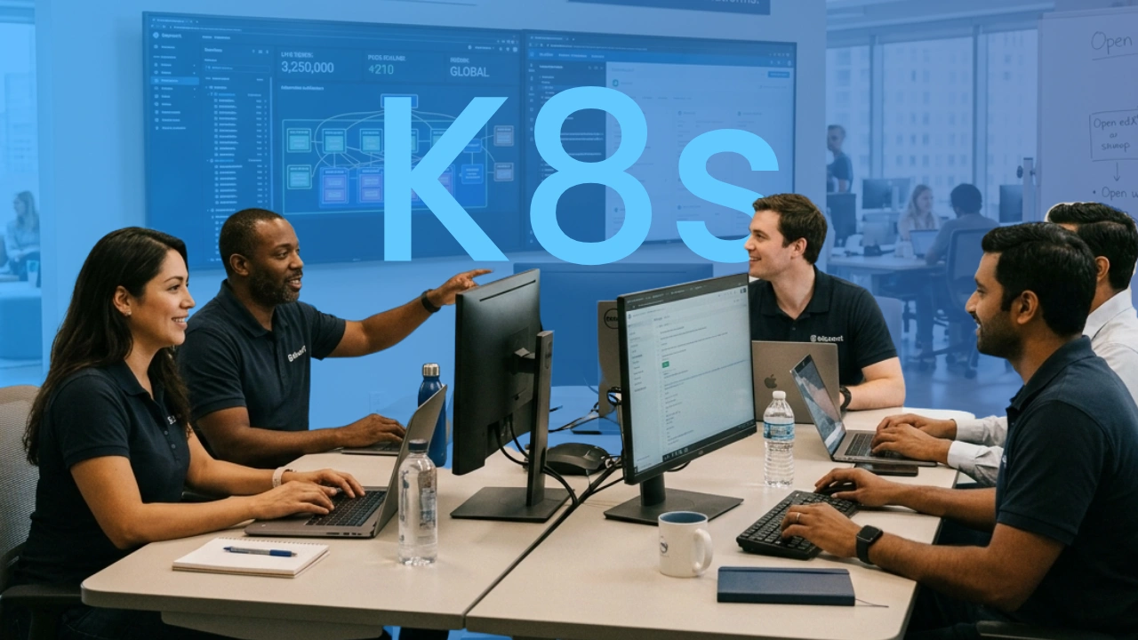A team of developers collaborating in an office with a large Kubernetes K8s overlay graphic.