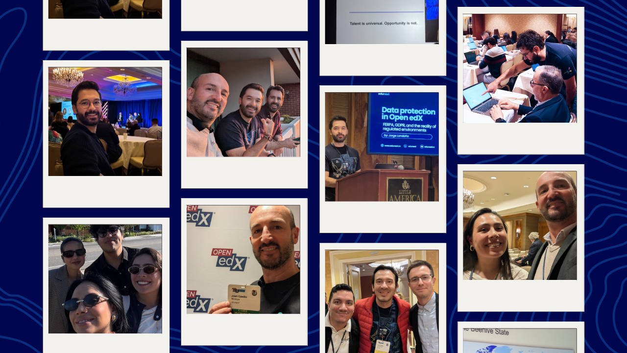 A collage of polaroid-style photos showing attendees, presentations, and collaborative work at the 2026 Open edX conference.