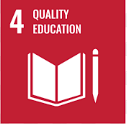 The official UN Sustainable Development Goal 4 icon for Quality Education, featuring the number 4, the text Quality Education, and a white graphic of an open book and a pencil on a red background.