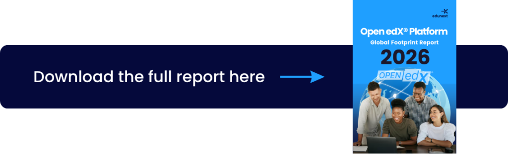 Download button for the Open edX Platform Global Footprint Report 2026, featuring a diverse group working on a laptop.