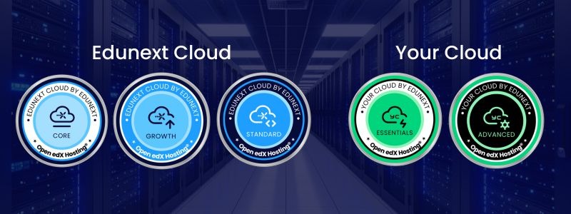 A comparison chart of Edunext Cloud and Your Cloud hosting plans for Open edX against a server room background.