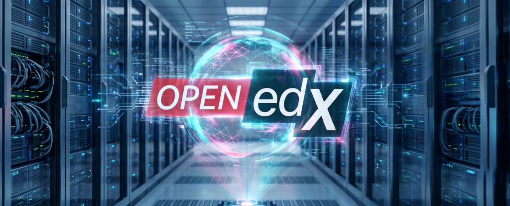 Open edX logo floating in a futuristic digital data center server room with glowing blue and red light effects.
