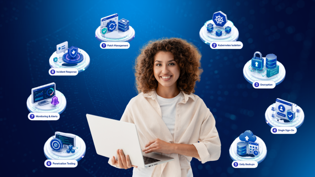 A smiling person holding a laptop surrounded by eight circular icons representing security and infrastructure features like patch management, encryption, and backups.