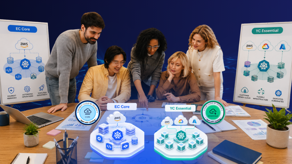 A team of professionals collaborating around a table with diagrams comparing EC Core and YC Essential Open edX hosting architectures.