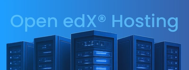 Five server racks arranged in a row against a gradient blue background with the text Open edX Hosting above.