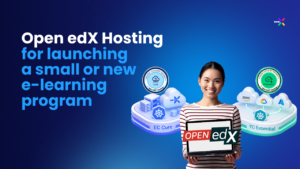 A person holding a laptop displaying the Open edX logo, with 3D icons representing Edunext EC Core and YC Essential hosting services in the background.