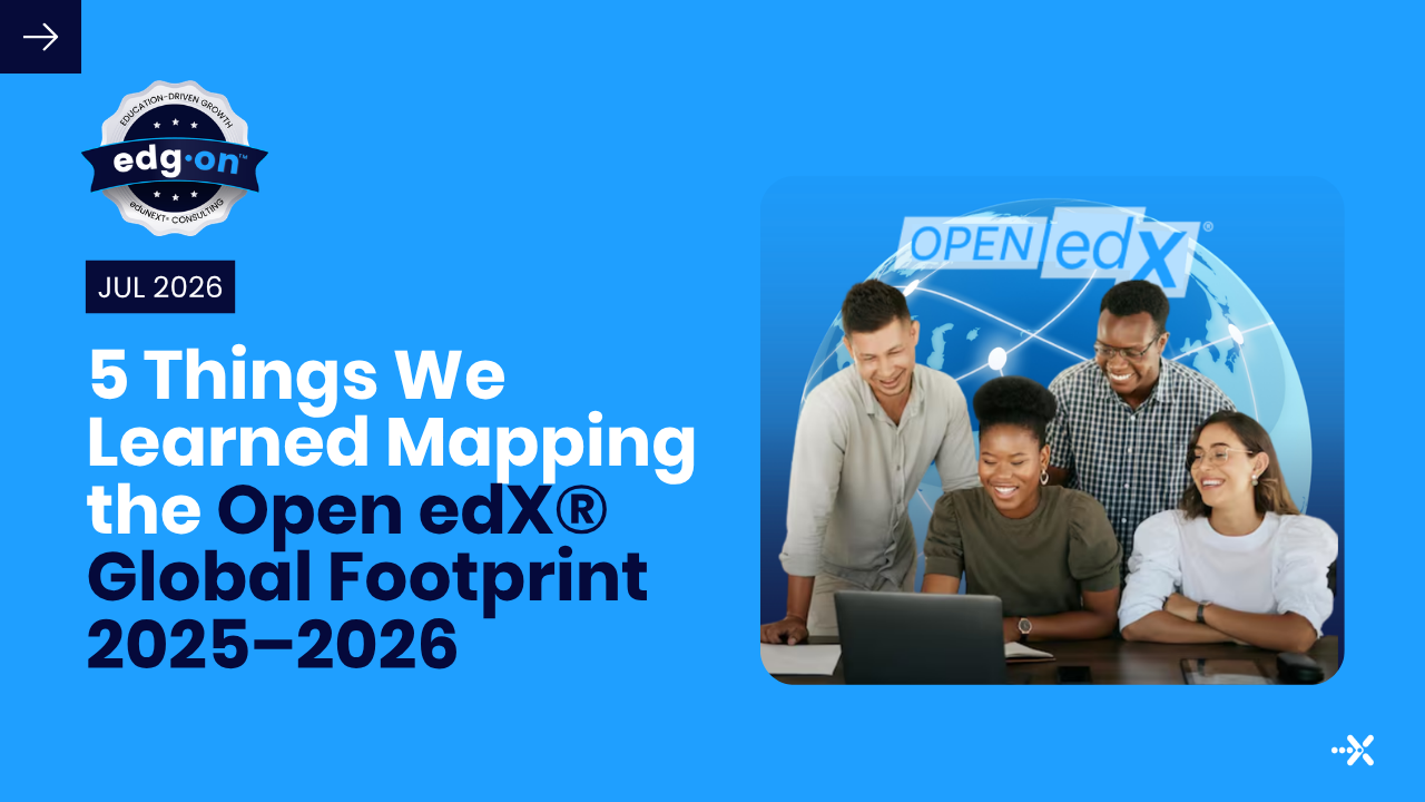 Four diverse professionals collaborating around a laptop with an Open edX globe background.