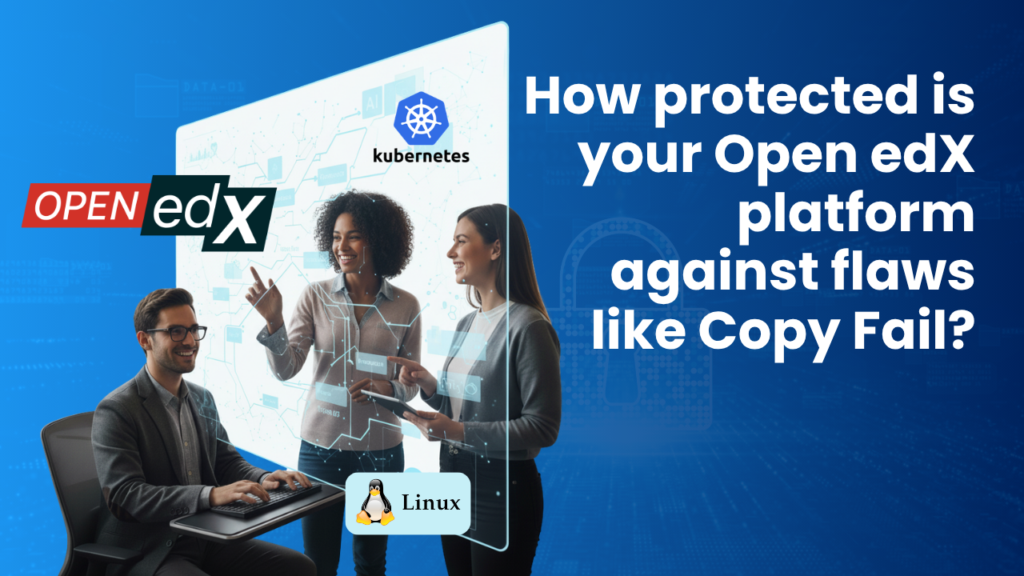 Three professionals collaborating in front of a digital interface displaying Open edX, Kubernetes, and Linux branding.