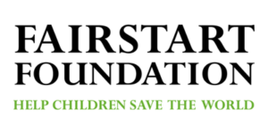 The logo for the Fairstart Foundation, featuring the organization's name in black text above the green slogan Help Children Save The World.