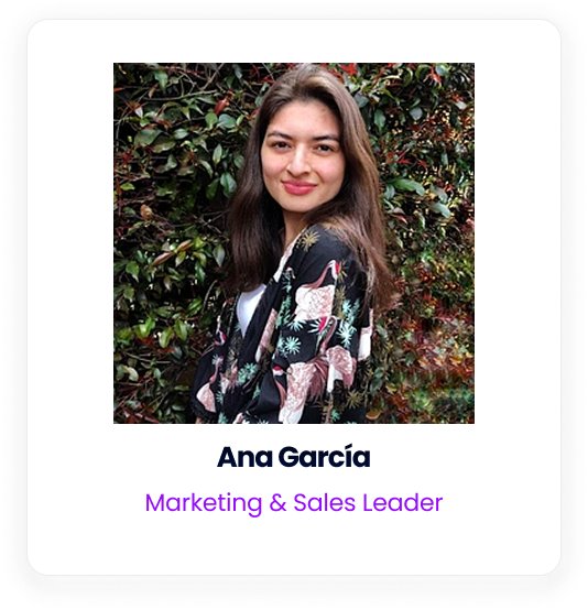 Portrait of Ana García, Marketing and Sales Leader, posing in front of a leafy green hedge.