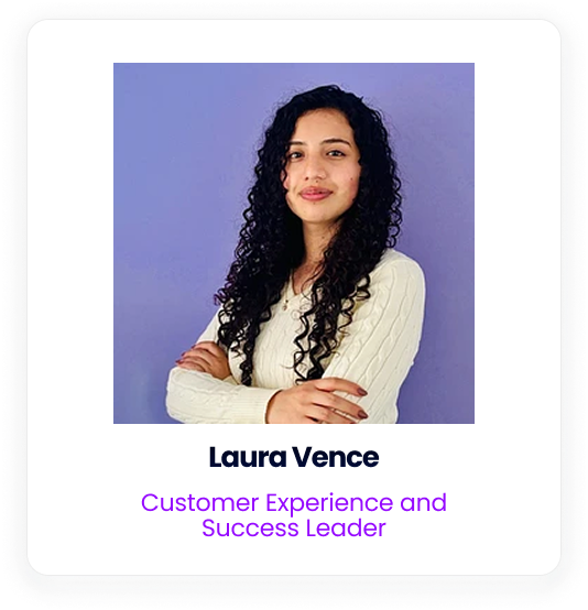 Portrait of Laura Vence, Customer Experience and Success Leader, posing against a purple background.