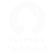 A stylized white silhouette of a woman's profile inside a circle, with the text 'Women at edunext' below it on a black background.