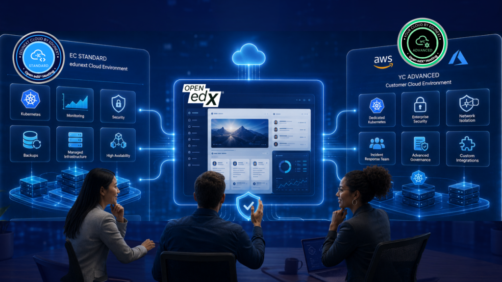 Three people looking at a large digital display showing Open edX cloud hosting features for Standard and Advanced environments.