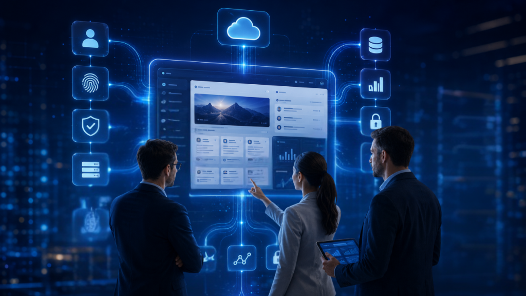Three professionals in business attire stand before a large, glowing digital interface displaying cloud-based learning management system data and icons.