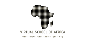 Logo for Virtual School of Africa featuring a stylized map of Africa composed of dark dots, with the text 'Virtual School of Africa' and the slogan 'Your future, your choice, your way' below it.