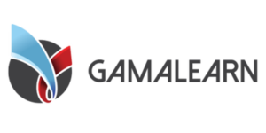 Gamalearn company logo featuring a stylized circular icon with blue and red abstract shapes next to the text Gamalearn.