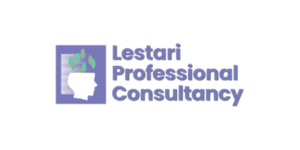 The logo for Lestari Professional Consultancy, featuring a stylized head silhouette with green leaf-like shapes emerging from the top, set against a purple square.