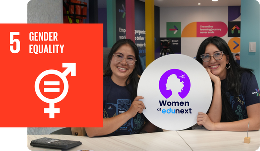 Two smiling women holding a circular sign that reads Women at edunext, positioned next to a graphic for UN Sustainable Development Goal 5: Gender Equality.