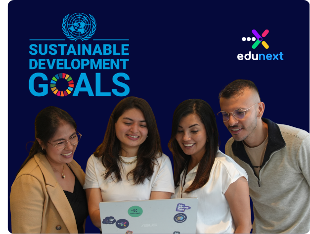 Four colleagues smiling while looking at a laptop screen in front of a dark blue background featuring the United Nations Sustainable Development Goals logo and the Edunext brand mark.