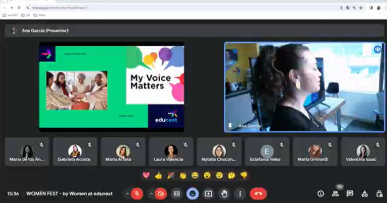 A screenshot of a virtual meeting titled Women Fest hosted by Women at edunext, featuring a presentation slide with the text My Voice Matters.