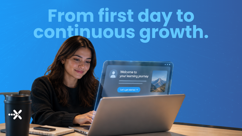 A person using a laptop with a digital interface overlay that says Welcome to your learning journey.