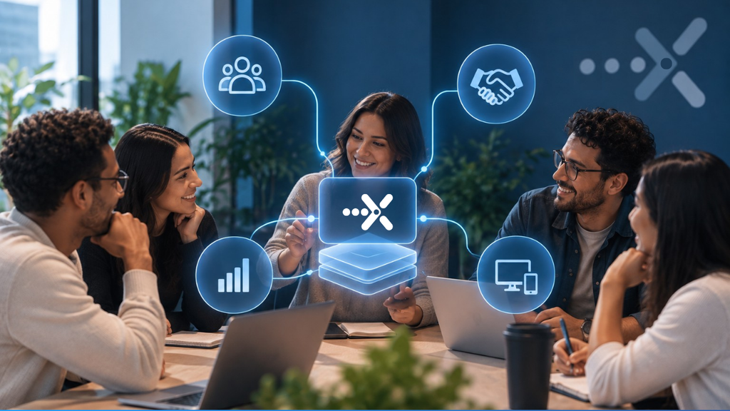 A diverse group of professionals sitting around a table in an office, interacting with a digital overlay of the Open edX logo and icons representing teamwork, analytics, and technology.