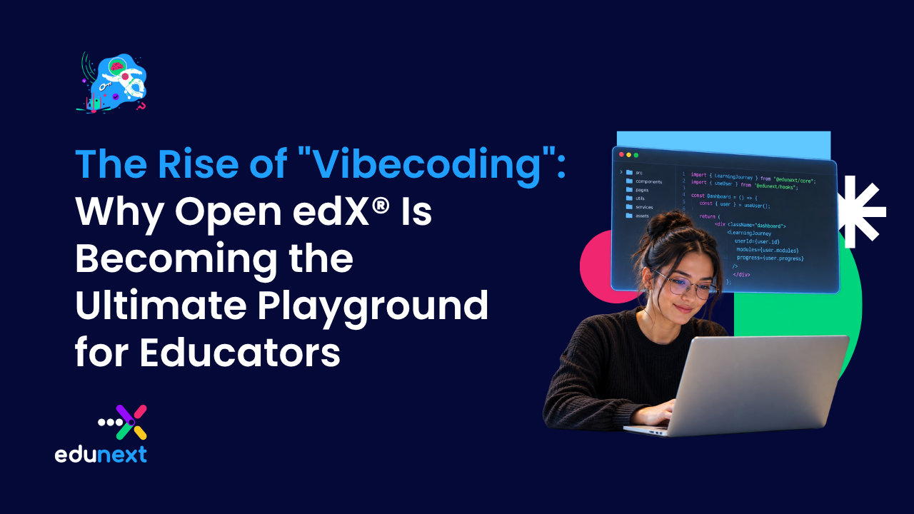A person wearing glasses works on a laptop with a floating code editor window displayed above, set against a dark blue background with the text The Rise of Vibecoding: Why Open edX Is Becoming the Ultimate Playground for Educators.