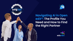 Three professionals in business attire high-fiving against a dark blue background with the edg-on and edunext logos.