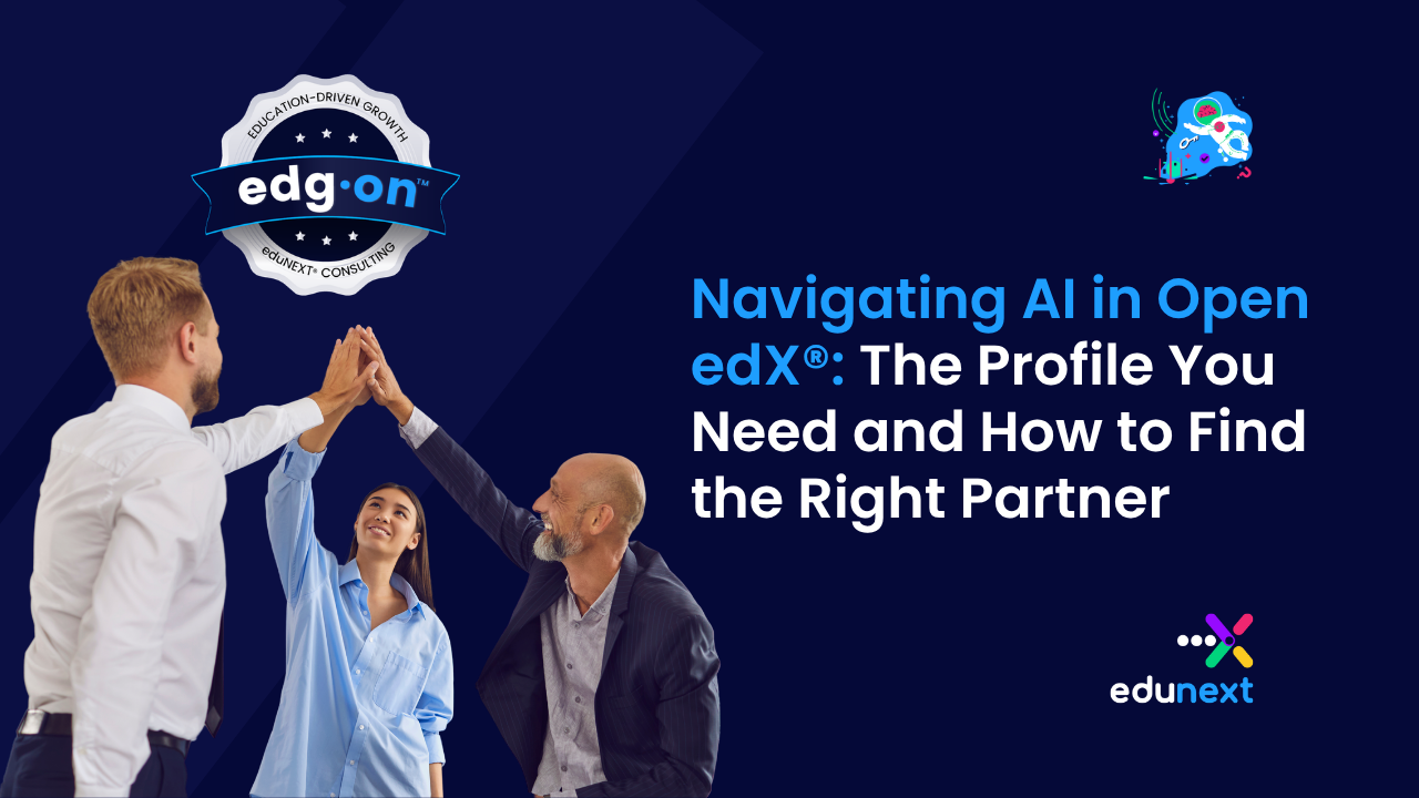 Three professionals in business attire high-fiving against a dark blue background with the edg-on and edunext logos.