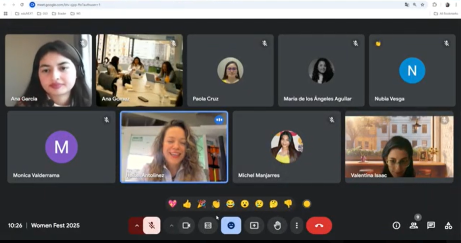 A Google Meet video conference screen showing several participants during a Women Fest 2025 meeting.