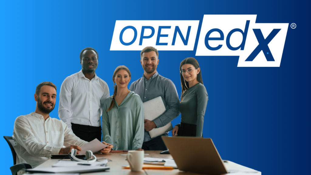 A diverse group of four professionals standing together in an office setting with the Open edX logo visible in the background.