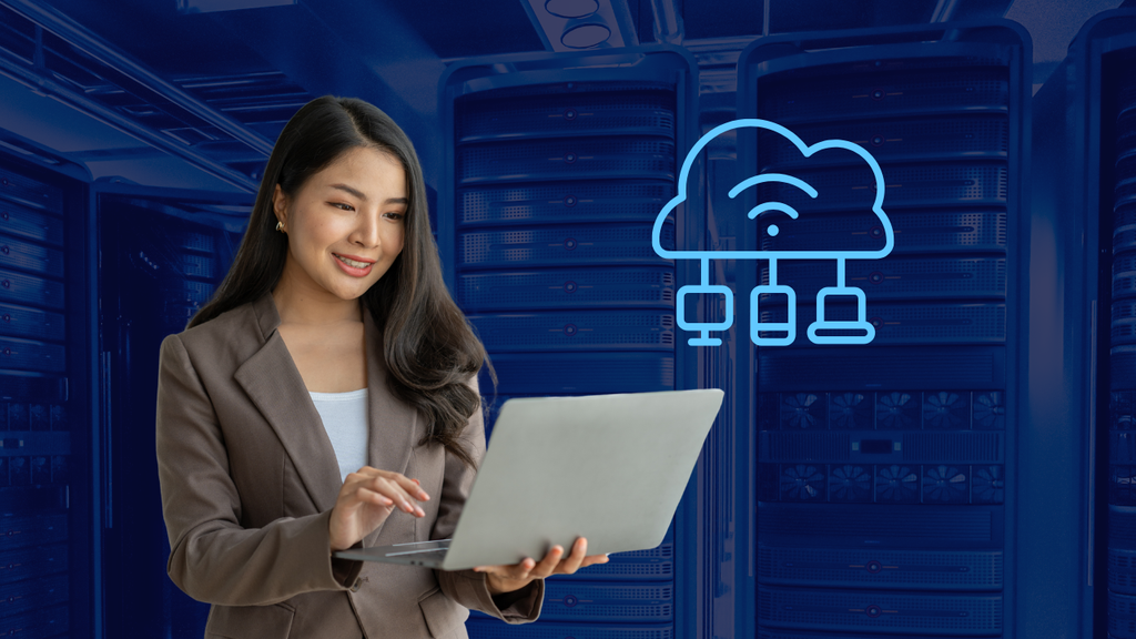 A professional woman using a laptop in front of a background of server racks with a digital cloud computing icon overlaid.